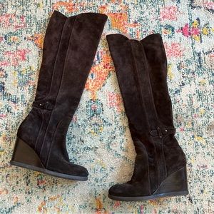 Alberto Fermani Suede Over Knee Boots Wedge Heel Brown Size 38 Weather Resisiant